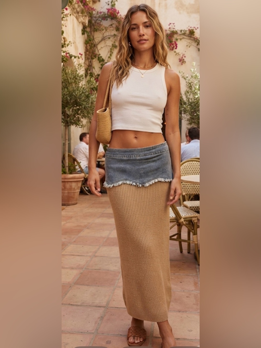Fashion Nova Denim & Ribbed Knit Maxi Skirt Size S Frayed Y2K Hybrid